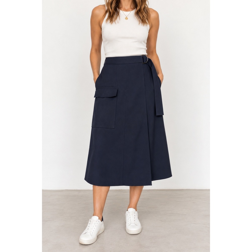 Zara Navy Blue Cargo Wrap Midi Skirt with D-Ring Belt XS